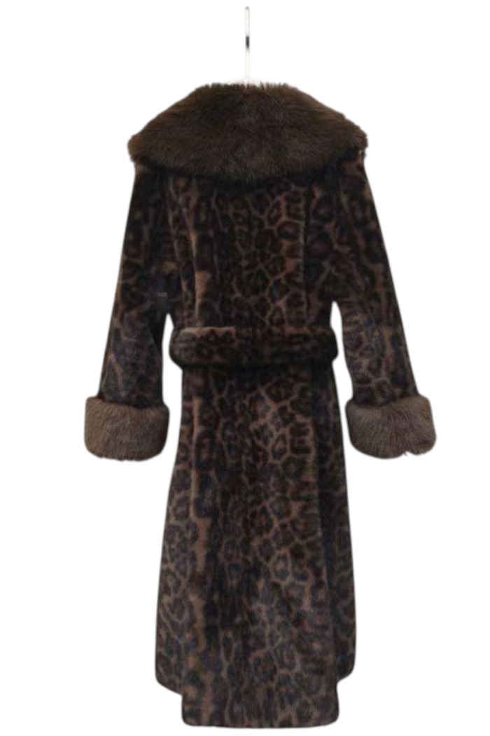 ABRIGO LARGO CON ESTAMPADO LEOPARDO Y CUELLO DE PELO DE MARMOTA MARRÓN TY-M9137