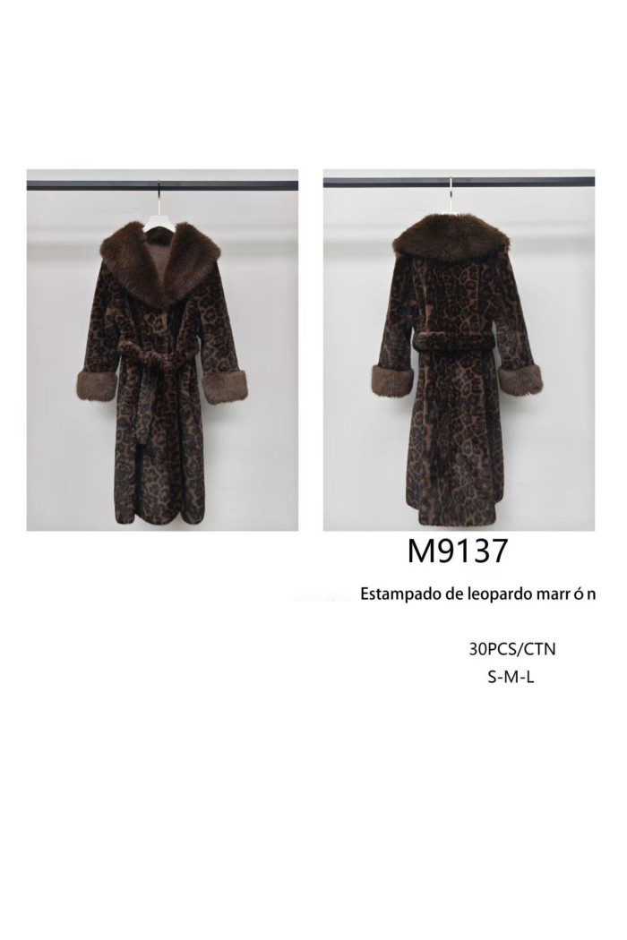 ABRIGO LARGO CON ESTAMPADO LEOPARDO Y CUELLO DE PELO DE MARMOTA MARRÓN TY-M9137