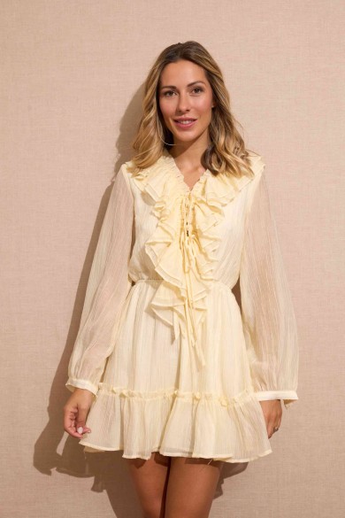 VESTIDO CORTO AMARILLO CON VOLANTES ESTILO ROMÁNTICO Y FRESCO FBZMA1359