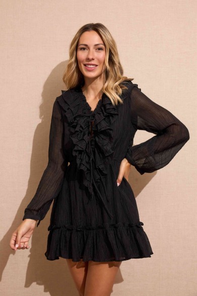 VESTIDO CORTO NEGRO CON VOLANTES ELEGANCIA ROMÁNTICA FBZMA1360