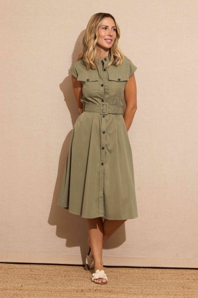 VESTIDO CAMISERO VERDE MILITAR CON CINTURÓN ESTILO SAFARI ELEGANTE FBZMR22076