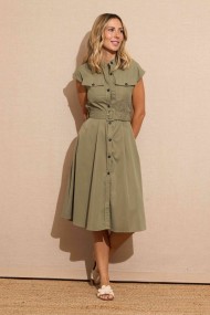 VESTIDO CAMISERO VERDE MILITAR CON CINTURÓN ESTILO SAFARI ELEGANTE FBZMR22076