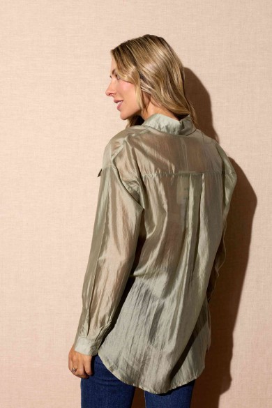 CAMISA VERDE MILITAR SEMITRANSPARENTE ESTILO NATURAL Y SOFISTICADO FBZMR22325