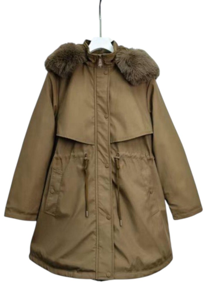 M9162 Abrigo acolchado medio con cuello de pelo Negro Camel Verde militar Beige 4Colores