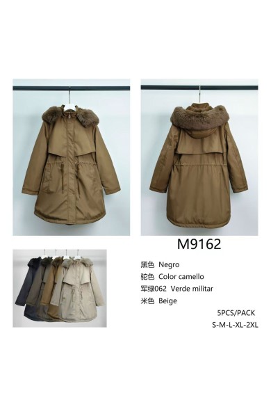 M9162 Abrigo acolchado medio con cuello de pelo Negro Camel Verde militar Beige 4Colores
