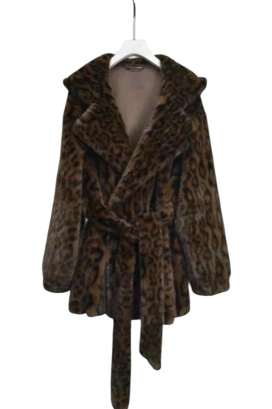Abrigo de pelo sintético con estampado de leopardo y cinturón Estilo salvaje y elegante TY-M9163
