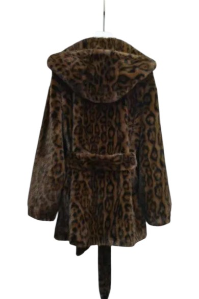 Abrigo de pelo sintético con estampado de leopardo y cinturón Estilo salvaje y elegante TY-M9163