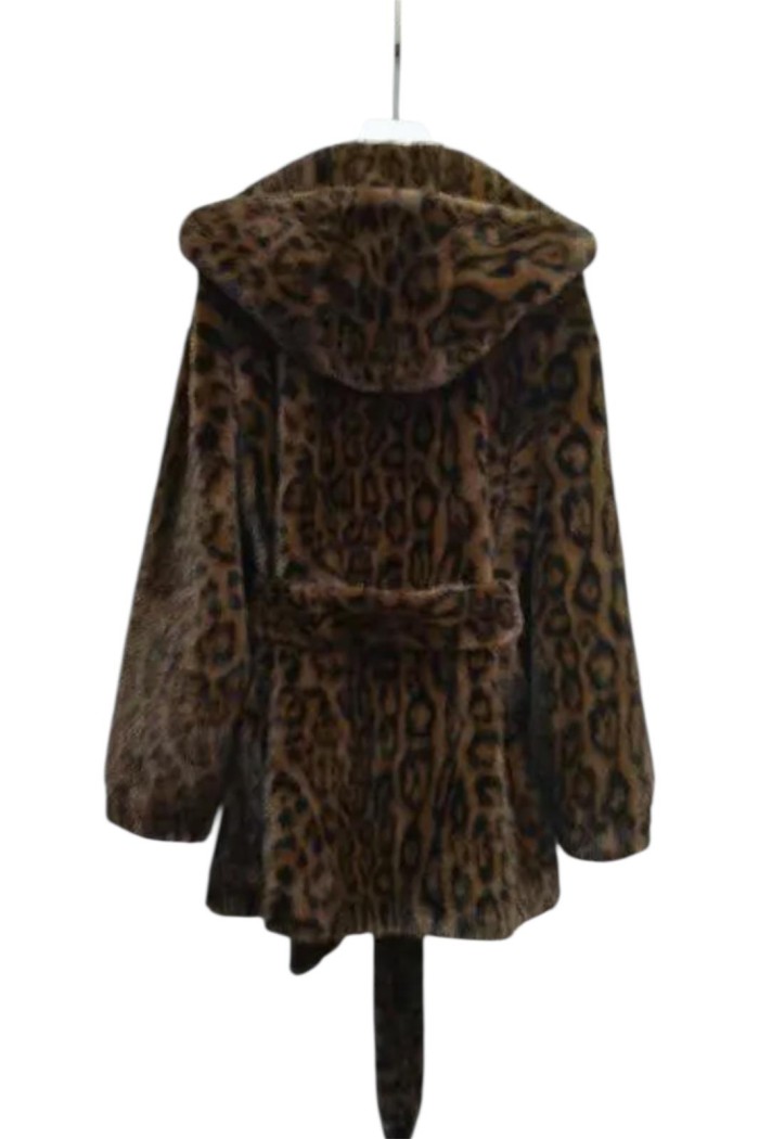 Abrigo de pelo sintético con estampado de leopardo y cinturón Estilo salvaje y elegante TY-M9163