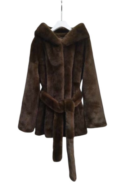 Abrigo con capucha de pelo sintético y cinturón Estilo minimalista TY-M9131