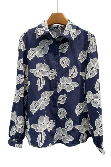 Camisa de manga larga azul marino con estampado floral blanco Estilo elegante TY-M9230
