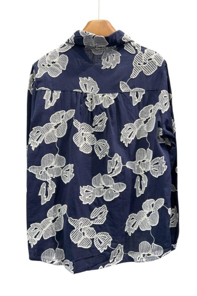 Camisa de manga larga azul marino con estampado floral blanco Estilo elegante TY-M9230