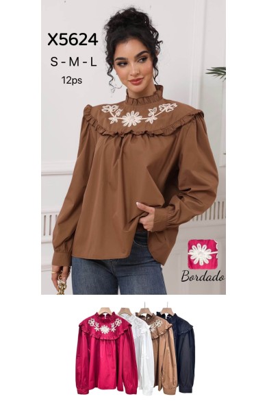 BLUSA DE MANGA LARGA CON VOLANTE Y BORDADO FLORAL DBT-X5624