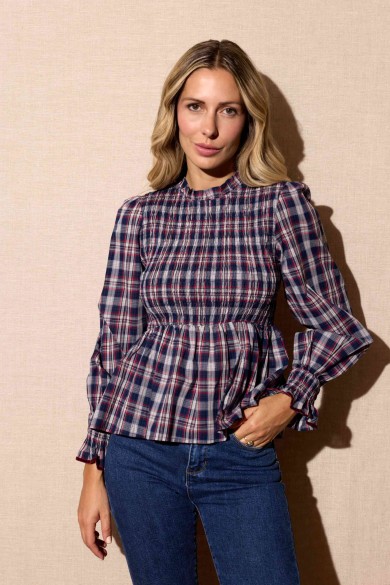 BLUSA CUADROS AZUL Y ROJO CON NIDO DE ABEJA Y MANGA LARGA FBZMR22321