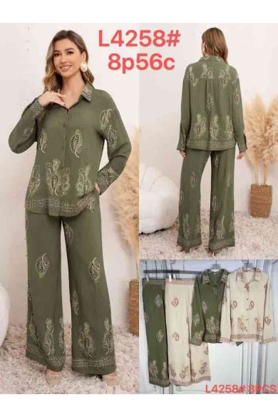 CONJUNTO DE CAMISA Y PANTALÓN CON BORDADOS DE HOJAS DD-L4258
