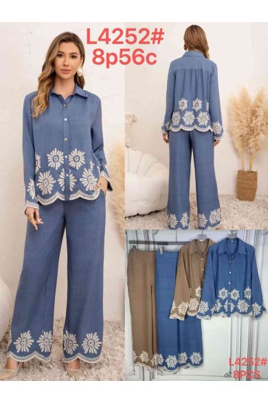 CONJUNTO DE CAMISA Y PANTALÓN CON BORDADOS FLORALES DD-L4252