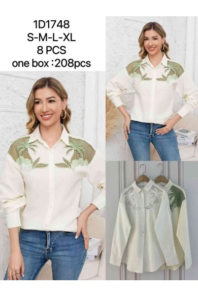 CAMISA BLANCA CON ENCAJE VERDE Y BORDADO FLORAL DD-1D1748
