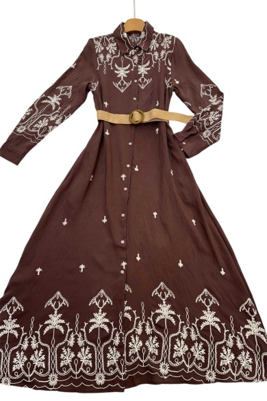 VESTIDO CAMISERO LARGO CON BORDADO ÉTNICO Y CINTURÓN TY-1036