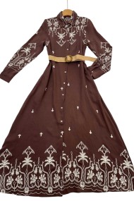 VESTIDO CAMISERO LARGO CON BORDADO ÉTNICO Y CINTURÓN TY-1036