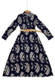 VESTIDO CAMISERO AZUL MARINO CON BORDADO BARROCO Y CINTURÓN TY-1050