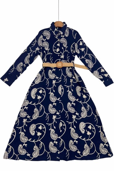 VESTIDO CAMISERO AZUL MARINO CON BORDADO PAISLEY Y CINTURÓN TY-1033