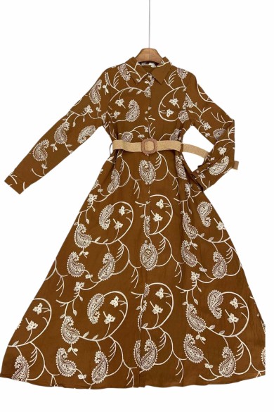 VESTIDO CAMISERO LARGO ESTAMPADO PAISLEY COLOR MARRÓN CON CINTURÓN TY-1033