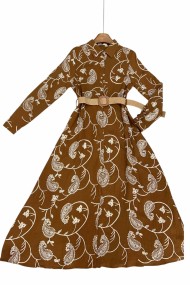 VESTIDO CAMISERO LARGO ESTAMPADO PAISLEY COLOR MARRÓN CON CINTURÓN TY-1033