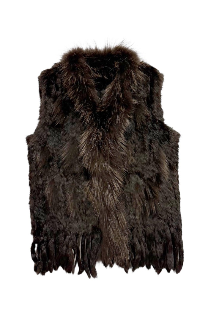 CHALECO DEL PELO DE CONEJO TRENZADO CON DETALLES DE PELO DE MARMOTA PC-LLL5861-09 MARRON
