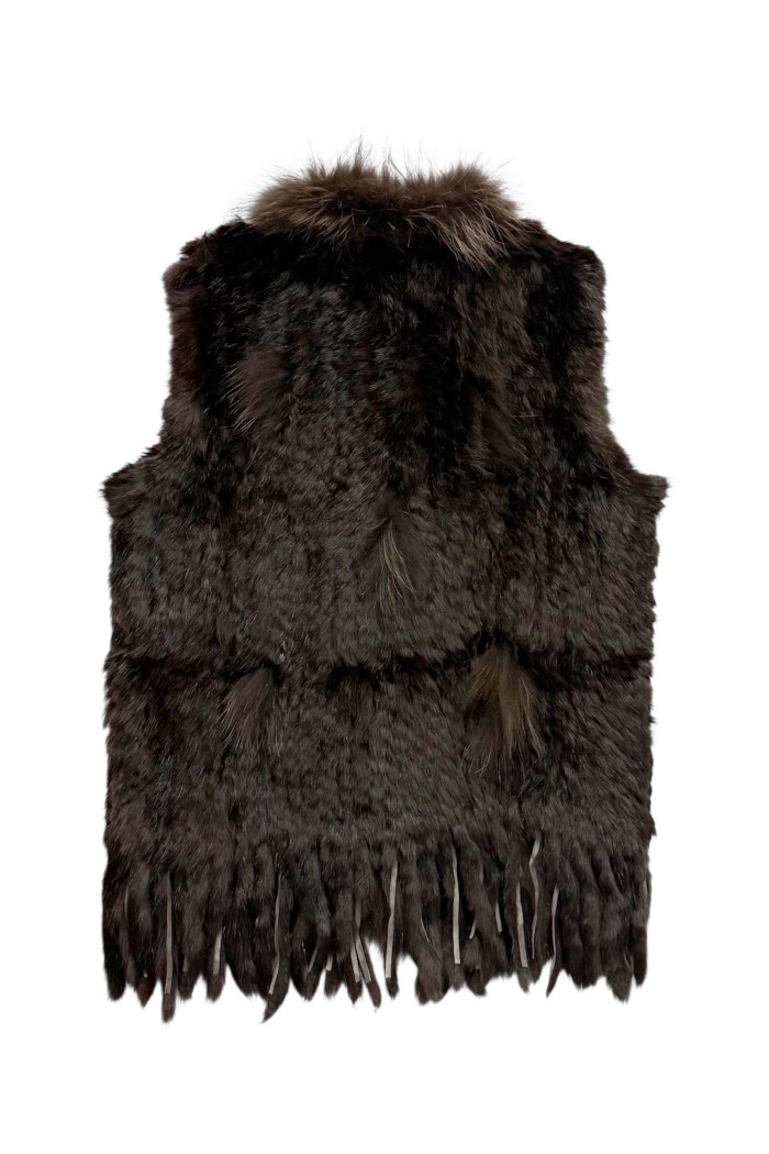CHALECO DEL PELO DE CONEJO TRENZADO CON DETALLES DE PELO DE MARMOTA PC-LLL5861-09 MARRON