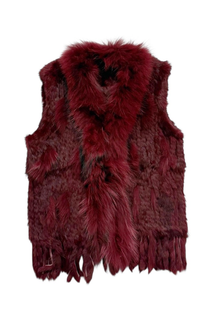 CHALECO DEL PELO DE CONEJO TRENZADO CON DETALLES DE PELO DE MARMOTA PC-LLL5861-04 GRANATE