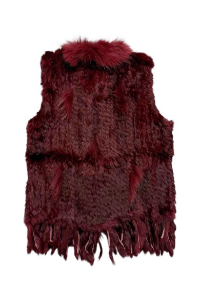 CHALECO DEL PELO DE CONEJO TRENZADO CON DETALLES DE PELO DE MARMOTA PC-LLL5861-04 GRANATE