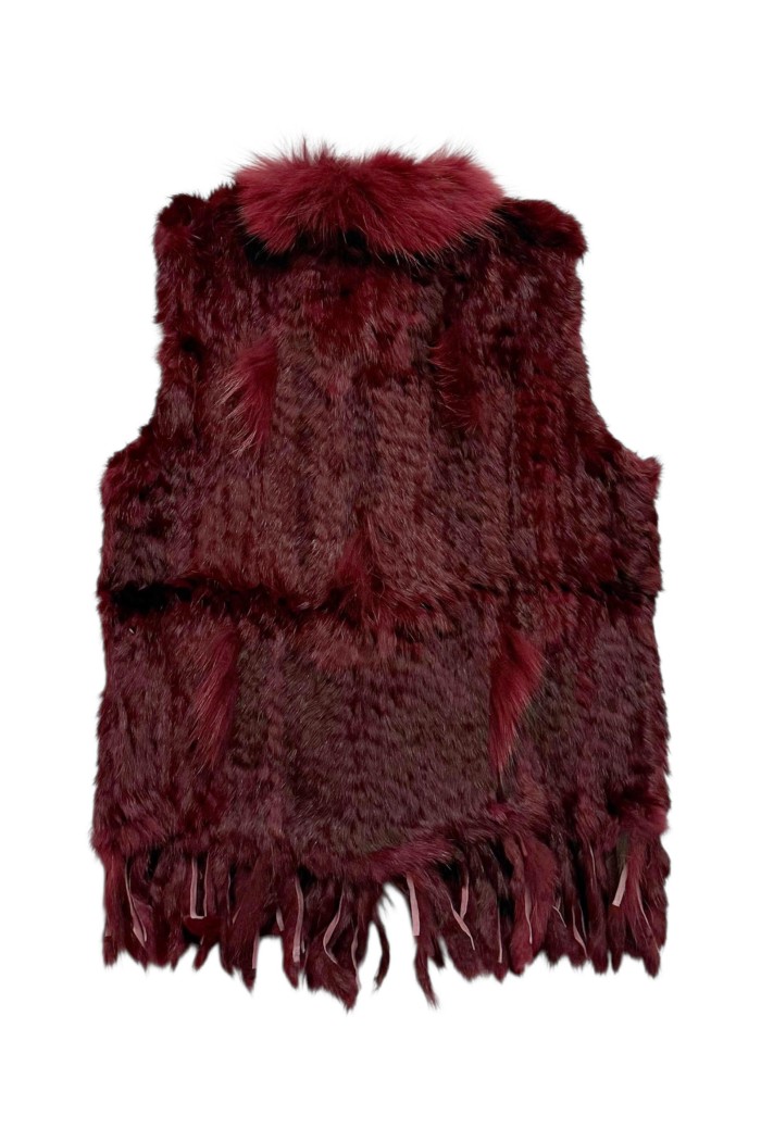 CHALECO DEL PELO DE CONEJO TRENZADO CON DETALLES DE PELO DE MARMOTA PC-LLL5861-04 GRANATE