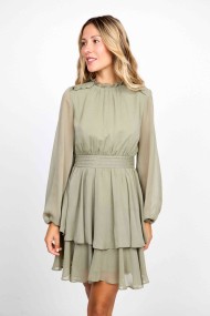 VESTIDO CORTO VERDE OLIVA CON VOLANTES Y MANGAS TRANSPARENTES FBZMR22204