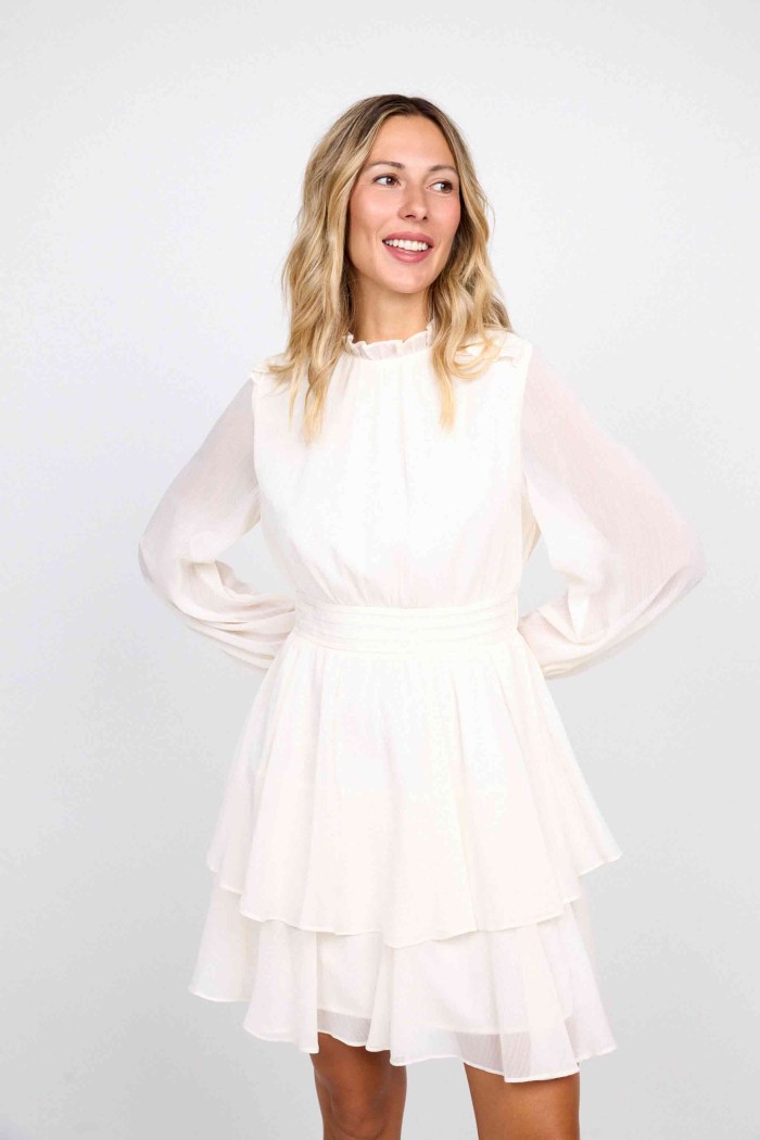 VESTIDO CORTO BLANCO CON VOLANTES Y MANGAS TRANSPARENTES FBZMR22202