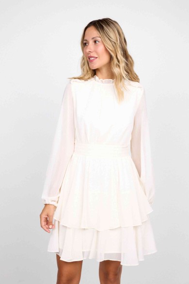 VESTIDO CORTO BLANCO CON VOLANTES Y MANGAS TRANSPARENTES FBZMR22202