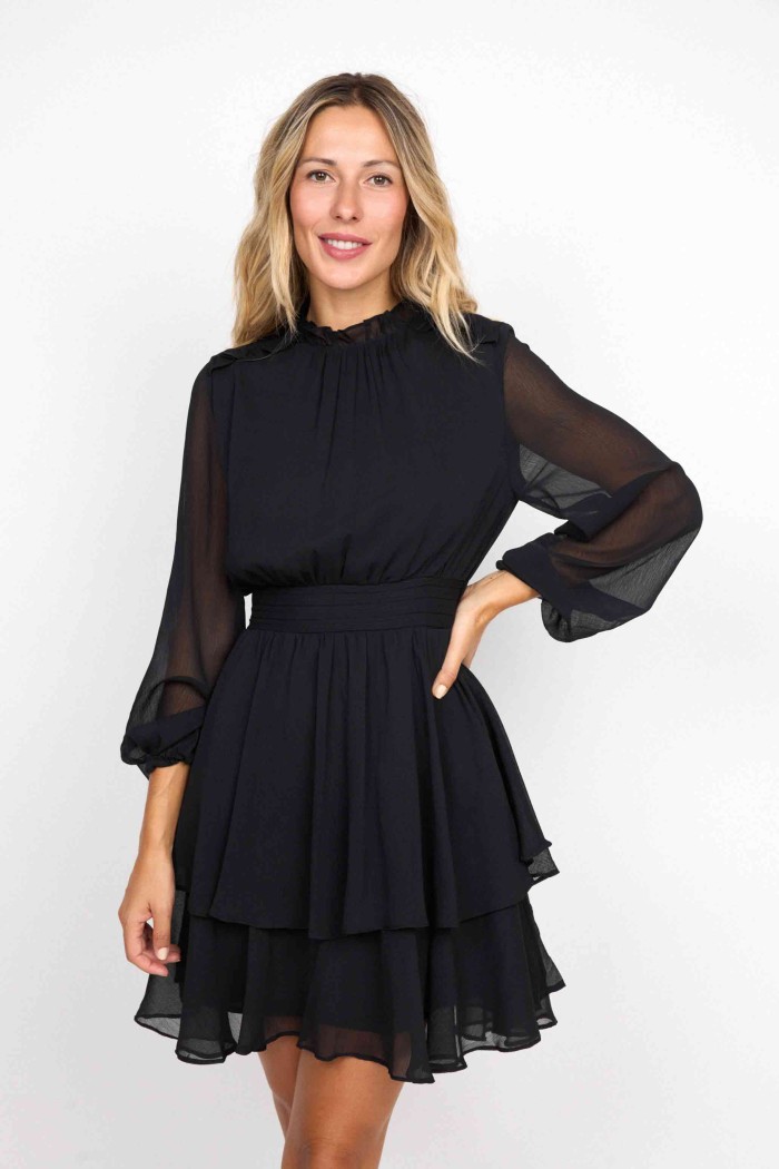 VESTIDO CORTO NEGRO CON VOLANTES Y MANGAS TRANSPARENTES FBZMR22203