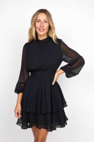 VESTIDO CORTO NEGRO CON VOLANTES Y MANGAS TRANSPARENTES FBZMR22203
