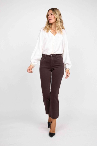 PANTALÓN RECTO MARRÓN DE TIRO ALTO CON ESTILO BÁSICO FBM878-18