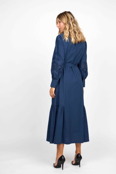VESTIDO MIDI AZUL CON CINTURÓN Y MANGAS ABULLONADAS FBZMA1559