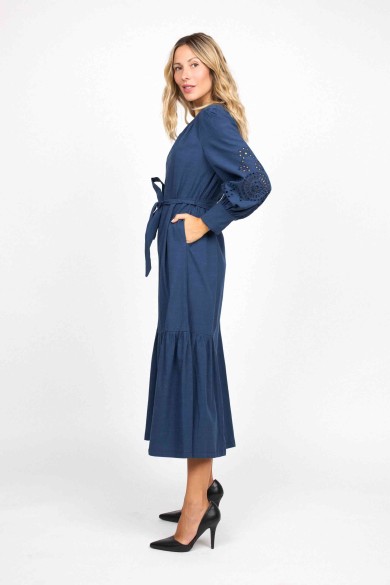 VESTIDO MIDI AZUL CON CINTURÓN Y MANGAS ABULLONADAS FBZMA1559
