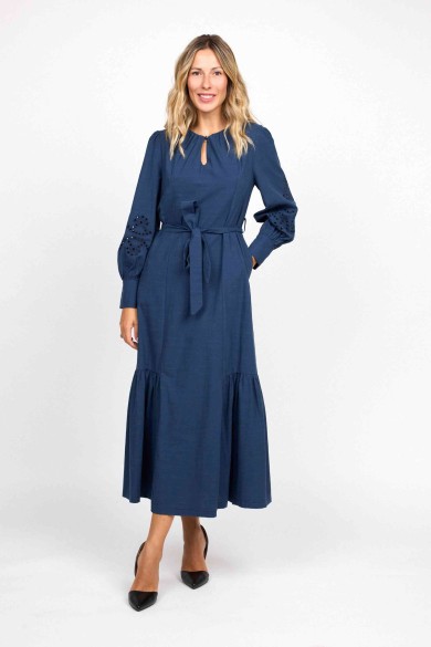 VESTIDO MIDI AZUL CON CINTURÓN Y MANGAS ABULLONADAS FBZMA1559