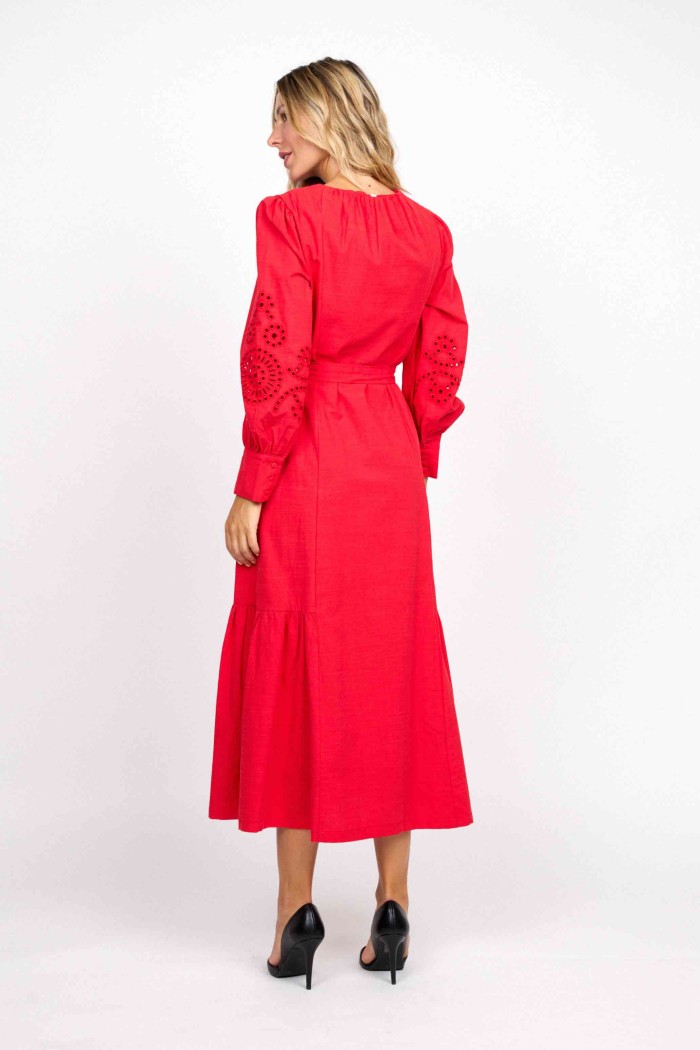 VESTIDO MIDI ROJO CON CINTURÓN Y MANGAS ABULLONADAS FBZMA1558