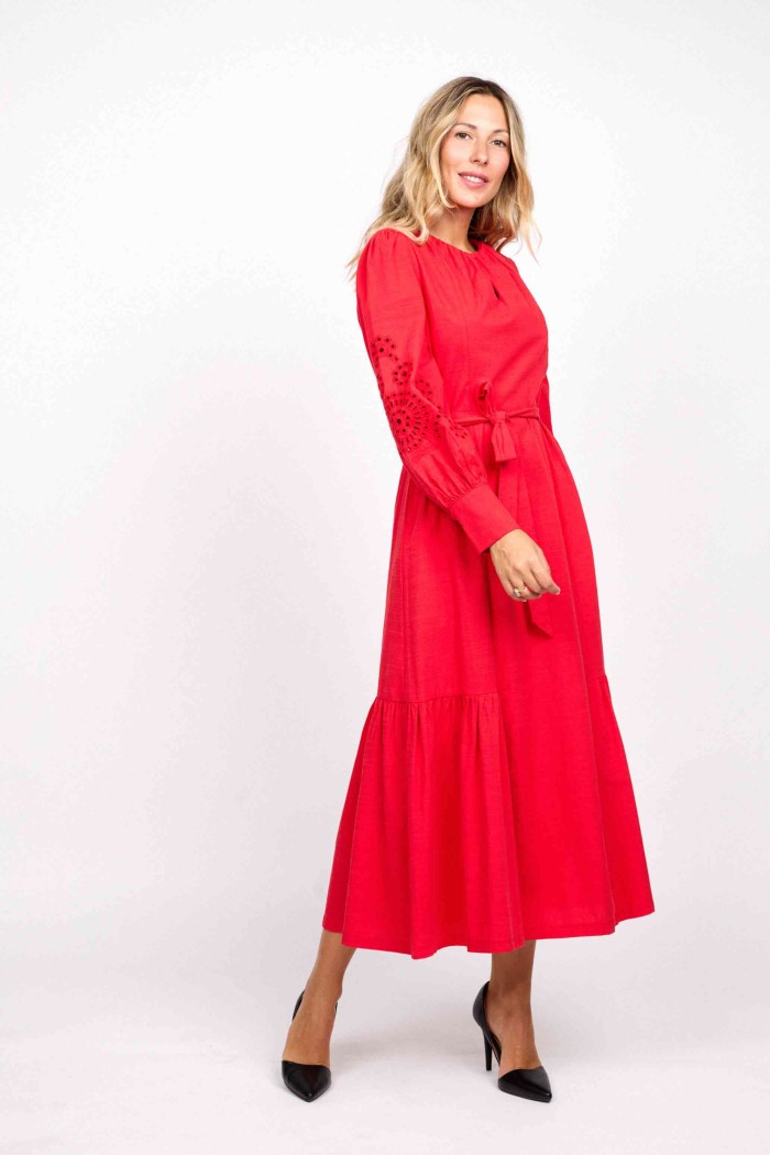 VESTIDO MIDI ROJO CON CINTURÓN Y MANGAS ABULLONADAS FBZMA1558