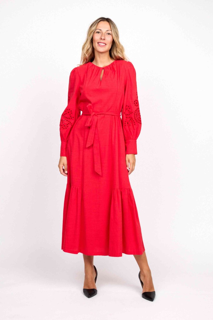 VESTIDO MIDI ROJO CON CINTURÓN Y MANGAS ABULLONADAS FBZMA1558