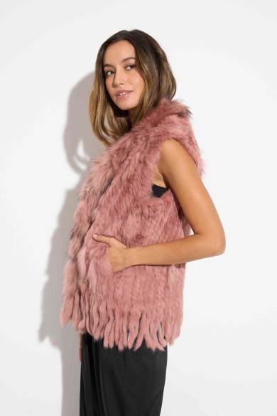 CHALECO DEL PELO DE CONEJO TRENZADO CON DETALLES DE PELO DE MARMOTA PC-LLL5861-08 ROSA PALO