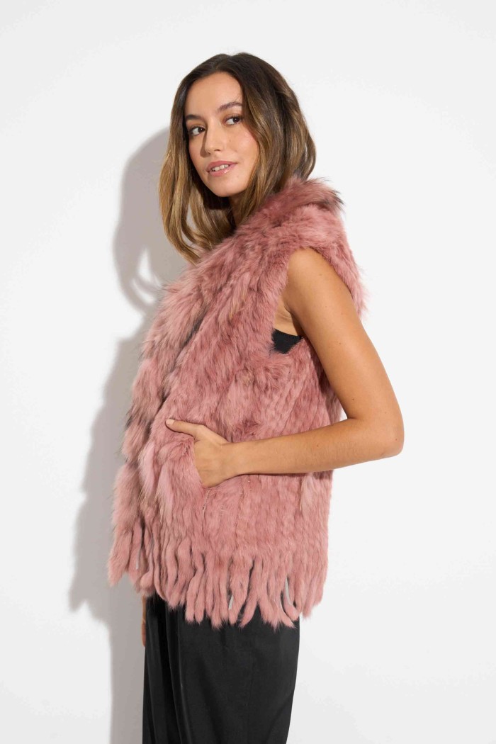 CHALECO DEL PELO DE CONEJO TRENZADO CON DETALLES DE PELO DE MARMOTA PC-LLL5861-08 ROSA PALO
