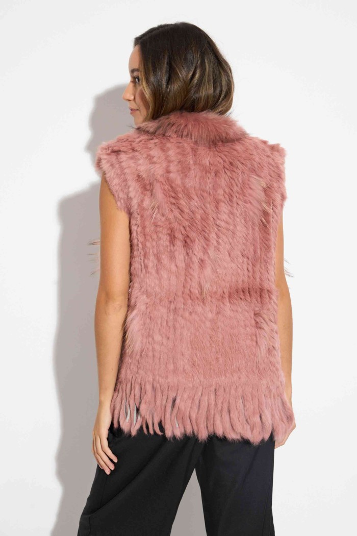 CHALECO DEL PELO DE CONEJO TRENZADO CON DETALLES DE PELO DE MARMOTA PC-LLL5861-08 ROSA PALO