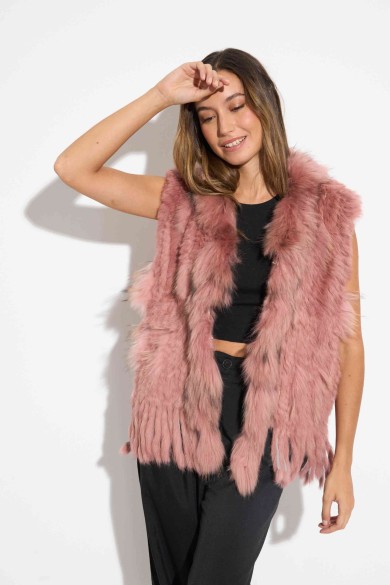 CHALECO DEL PELO DE CONEJO TRENZADO CON DETALLES DE PELO DE MARMOTA PC-LLL5861-08 ROSA PALO