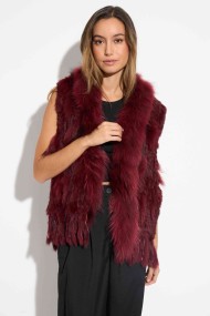 CHALECO DEL PELO DE CONEJO TRENZADO CON DETALLES DE PELO DE MARMOTA PC-LLL5861-04 GRANATE
