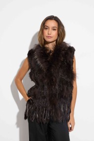 CHALECO DEL PELO DE CONEJO TRENZADO CON DETALLES DE PELO DE MARMOTA PC-LLL5861-09 MARRON