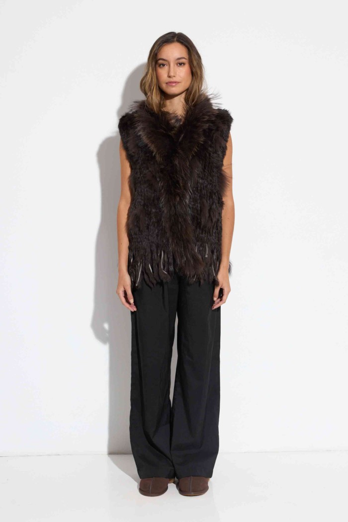 CHALECO DEL PELO DE CONEJO TRENZADO CON DETALLES DE PELO DE MARMOTA PC-LLL5861-09 MARRON